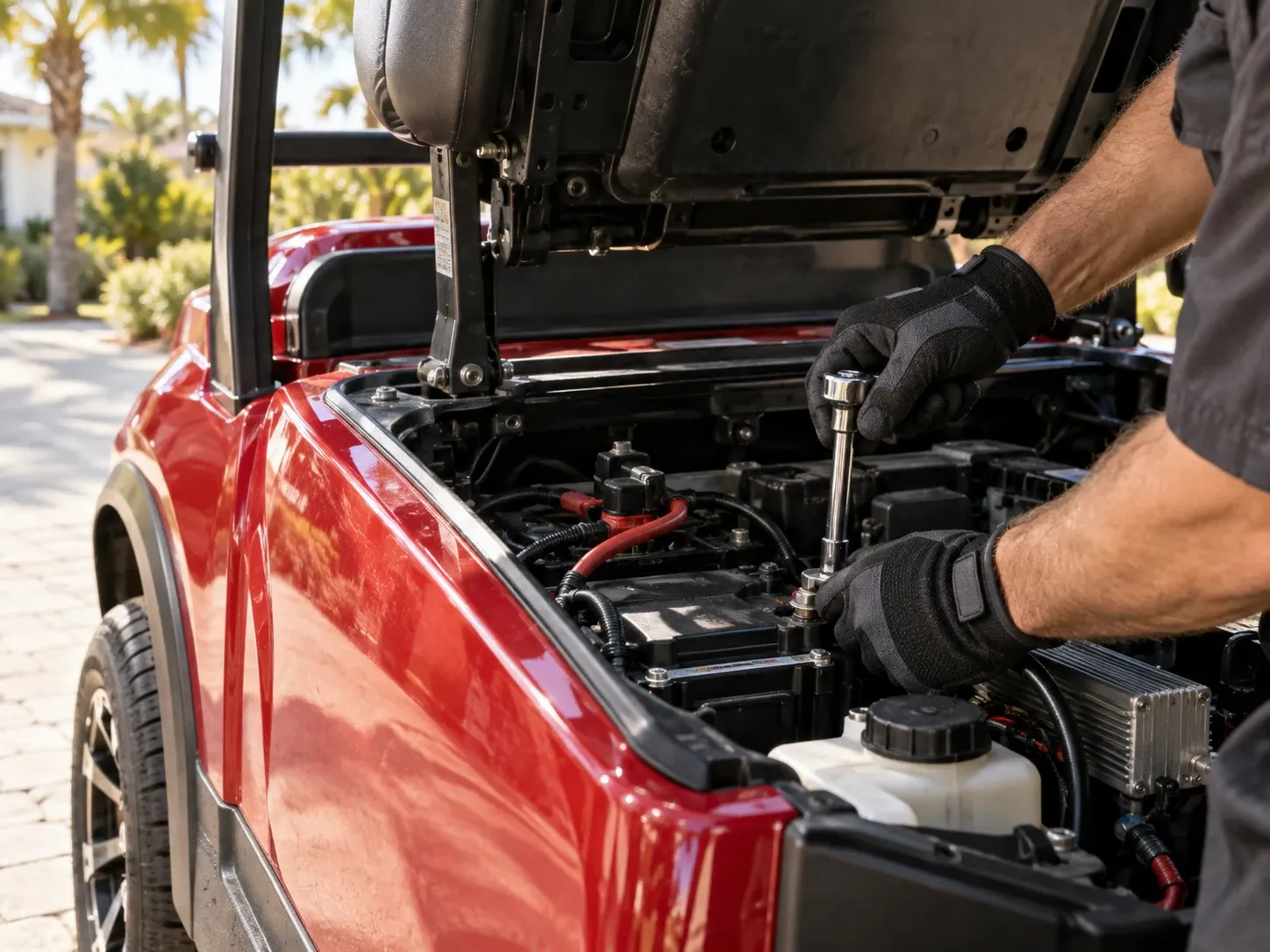 Mechanic in black gloves working on red car engine with hood open