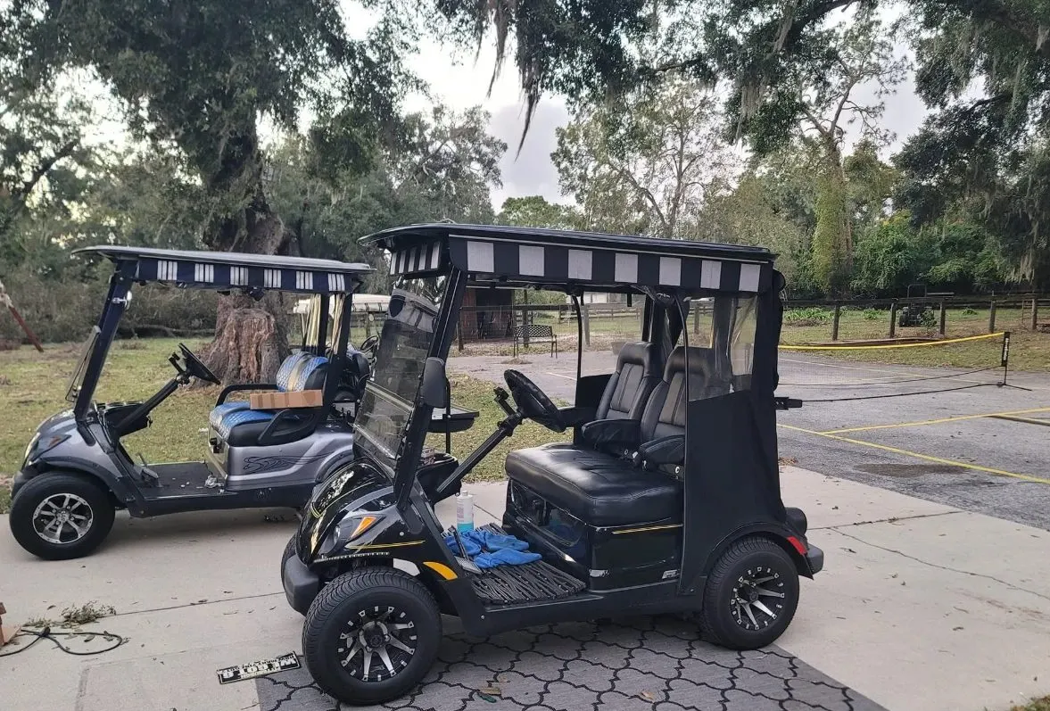 Two black golf carts parked on a paved driveway under large oak trees with Spanish moss