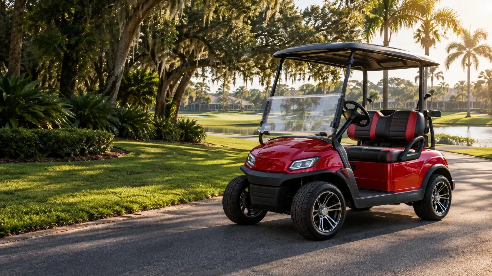 Red and black golf cart parked on path beside lake with palm trees and oak trees